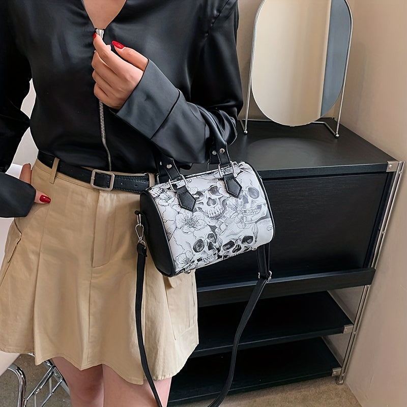 Gothic Skull Print Boston Bag, Punk Y2K Crossbody Bag, Women's Trendy Handbag & Shoulder Tote Purse For Halloween