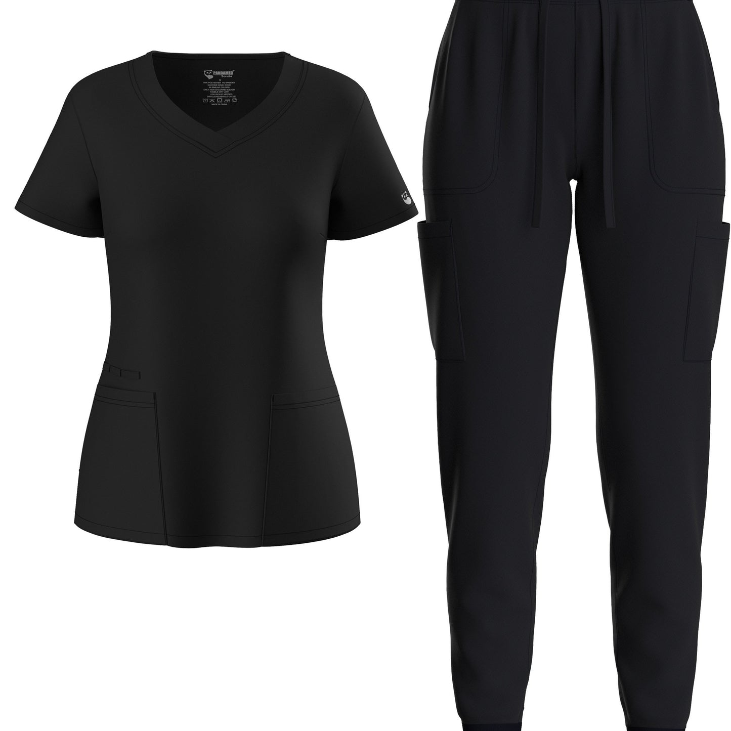 Solid Two-piece Set, Elegant Short Sleeve V Neck Scrub Top & Drawstring Pants Outfits, Women's Clothing