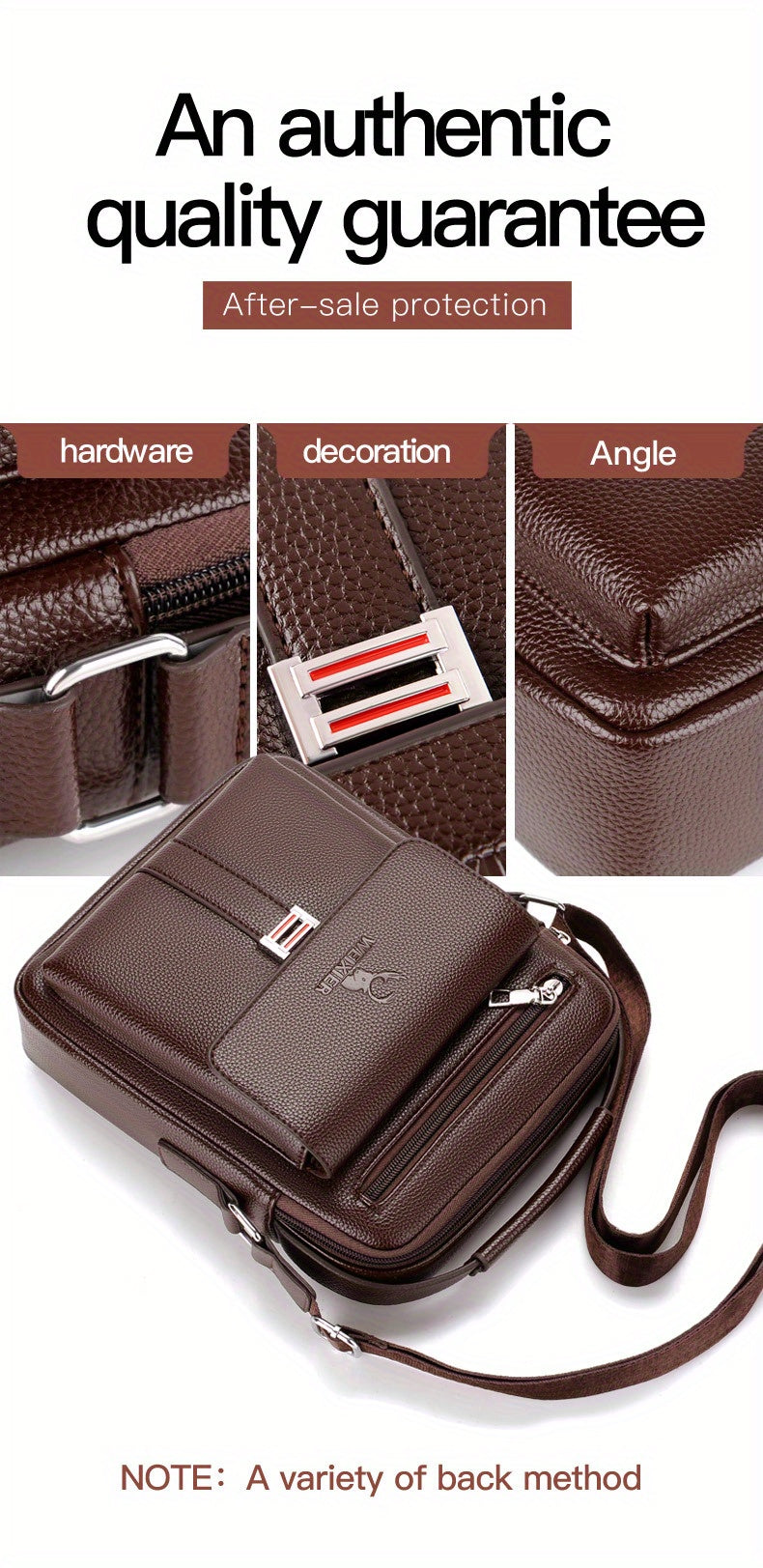 [Vintage Business Bag] WEIXIER Men's Vintage Business Casual Adjustable Shoulder Bag - Multiple Compartments, Zippered Pockets, Compact Design, Black, Secure Zip Closure, Small Crossbody Bag